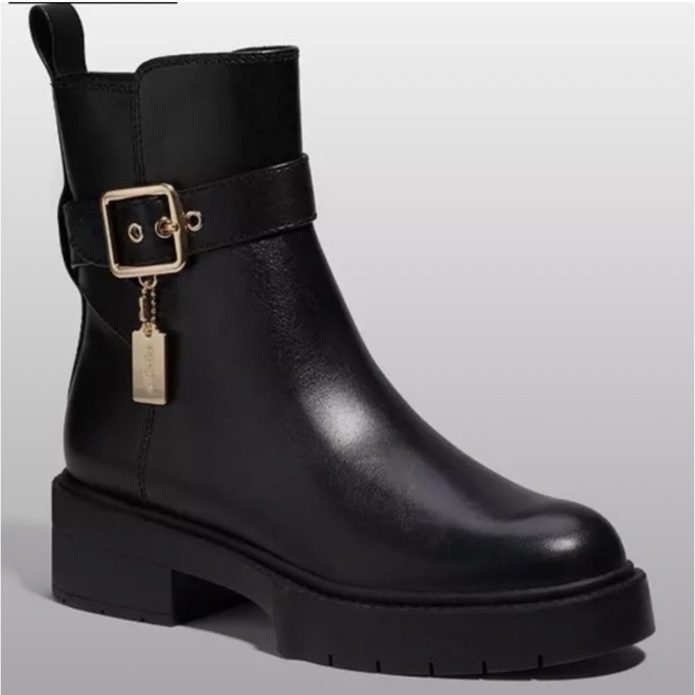 Coach Lacey Black Leather Lug-Sole Zip Up Ankle Buckle‎ Boots Black Sz-8